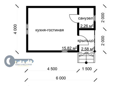 Д-02 ДАЧНЫЙ ДОМ ИЗ БРУСА: ГАБАРИТНЫЕ РАЗМЕРЫ: (6Х4М), ОБЩАЯ ПЛОЩАДЬ: 24М²