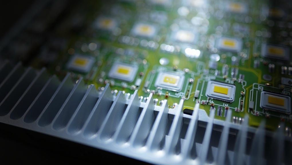 Крупный план светодиодного модуля и алюминиевого радиатора консольного светильника, видны компоненты