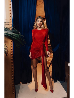 Платье мини с драпировкой и длинным рукавом (красный)