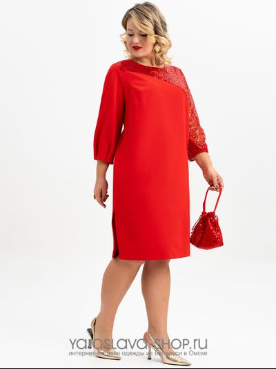 Модель:4117.Шикарное нарядное платье с ассиметричными рукавами в красном цвете