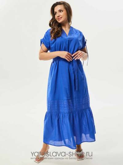 Легкое летнее платье "макси" синего цвета с кулисой на плечах