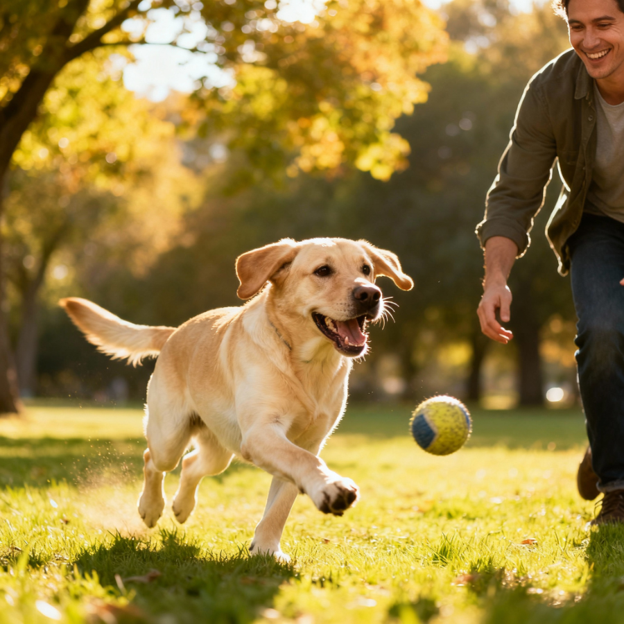 Лабрадор играет с мячом на природе