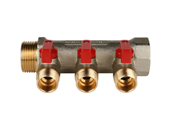 Коллектор распределительный STOUT с шаровыми кранами 1", 3 отвода 1/2" (красные ручки) (Арт. SMB 621