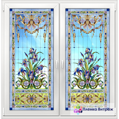 Витражная пленка, витражная пленка самоклеющаяся под заказ,пленочный витраж флора с голубыми ирисами