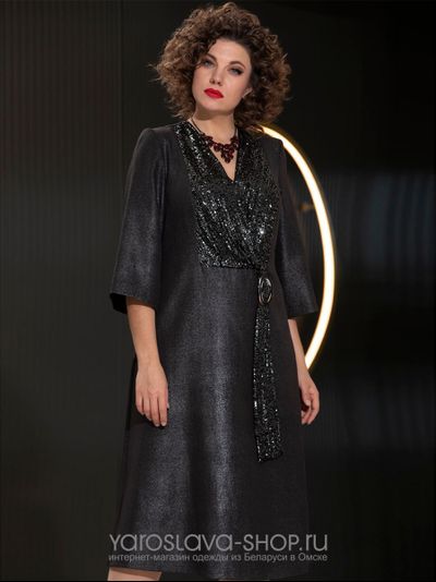 Нарядное платье темно-стального цвета со вставкой с пайетками