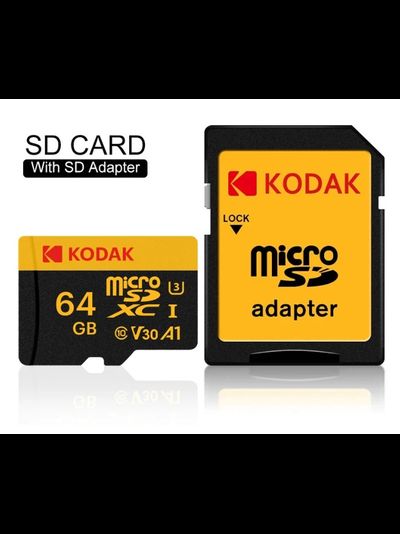 Карта памяти Kodak Micro SD, класс 10, UHS-1 U3 V30 A1 на 64 ГБ, чтение 90 МБ/с, запись данных 30 МБ/с, + переходник SD