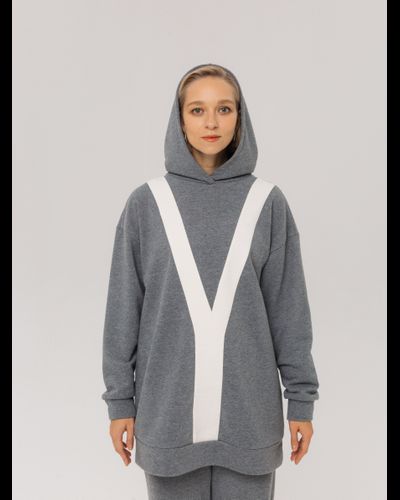 Худи удлиненный c декоративной вставкой (серый меланж) - 48/52