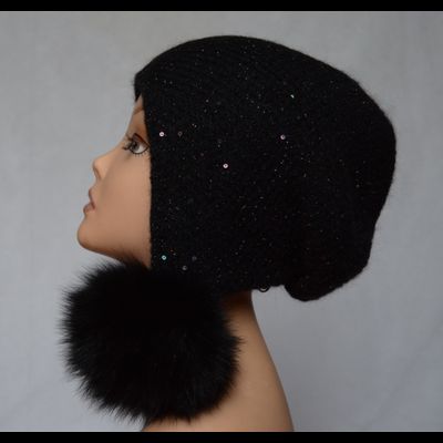 Черная женская шапка ушанка с помпонами вязаная Vizio 6463