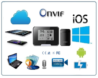 IP видеоняня WiFi (Настольные часы - метеостанция с внешним датчиком температуры, охранная видеокамера) с аккумулятором и с DVR, Full HD 1 Mp