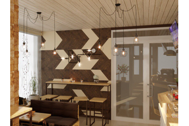 Визуализация помещения кафе (вид 1). По данной визуализации требовалось изготовить стеновые панели из инженерной доски "французская елка" и выкрасить их таким образом, чтобы сходство с визуализацией было максимальным. 