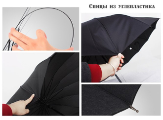 Зонт-трость мужской Sponsa 16 спиц, ручка крючок деревянная, огромный купол (130см) + ПОДАРОК