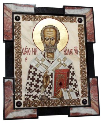 Икона Св.Николай Чудотворец каменная роспись обрамление яшмой