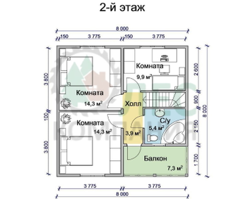 Полутораэтажный дом из бруса 8x8 с террасой и балконом и навесом под авто