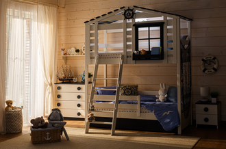 Кровать 2 ярусная чердак-домик из массива сосны  КИДС 20 с бельевыми ящиками и лесенкой