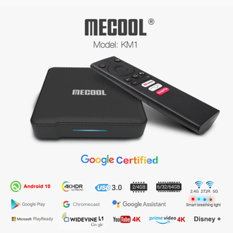 Смарт тв приставка Mecool  km1 deluxe 4/32 Гб с пультом с голосовым поиском (операционная система Android TV)