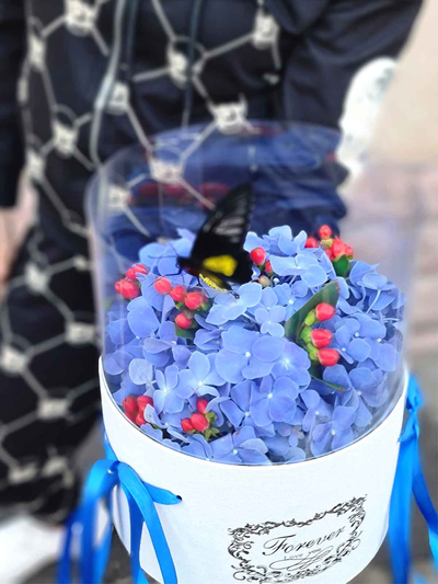 Синяя гортензия с большой бабочкой №61