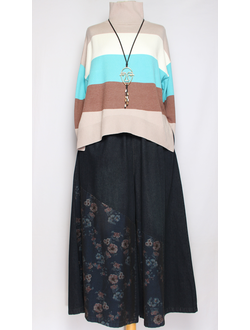 ЮБКА-БРЮКИ  джинсовая "Цветы розовые " синяя р.48-58