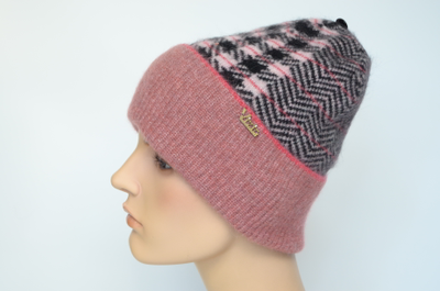 Женская шапка в клетку и зигзагом с отворотом Vizio Италия 8076 CRYO розовая