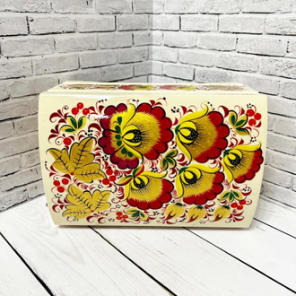 Шкатулка Цветы Белая 170*110 мм сундучок для украшений с росписью Хохлома