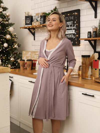 Комплект для беременных и кормящих 1-НМК 13120 халат и сорочка коричневого цвета