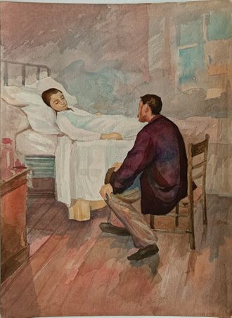 "День посещений в больнице" бумага на картоне акварель 1950-е годы