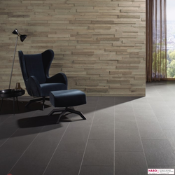 Декор стеновых панелей Haro Дуб Серый River 538861 в интерьере гостиной