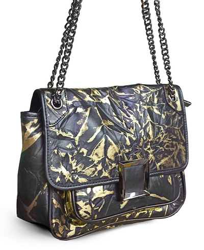 (АРТИКУЛ: 9682) СУМКА ЖЕНСКАЯ, НЕБОЛЬШАЯ, НАТУРАЛЬНАЯ "МЯТАЯ" КОЖА, ЧЕРНАЯ С ЗОЛОТЫМ РИСУНКОМ ,  С ЦЕПОЧКОЙ ЧЕРЕЗ ПЛЕЧО