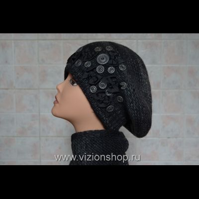 Берет черный вязаный с пуговицами и шарф Vizio Италия 4760