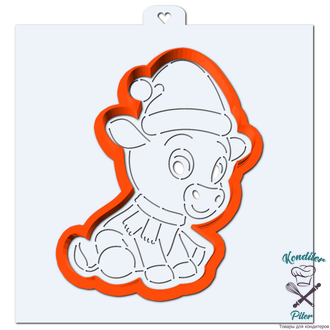 Бычок с шарфиком и шапочкой. Форма для пряников с трафаретом.