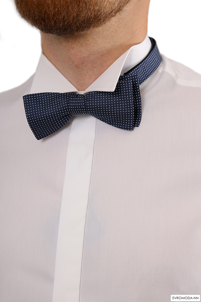 Мужская бабочка премиум класса темно-синяя с принтом в белый горошек. 100% натуральный шелк