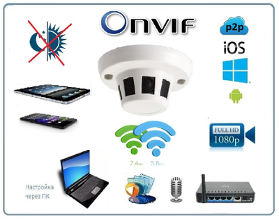 DE/GS-PRTFCMWAR(55) Видеоняня/Охранная IP WiFi(2.4/5)/LAN видеокамера с аудиоканалом (корпус датчика дыма), DVR. Full HD 2 Мп (CamHi/CamHi Pro)