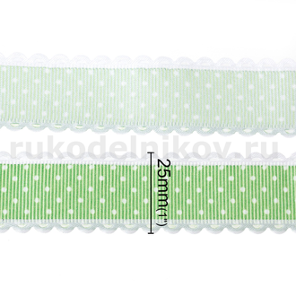атласная лента "Мелкий горошек", ширина-25 мм, цвет-зеленый, отрезок-1 метр