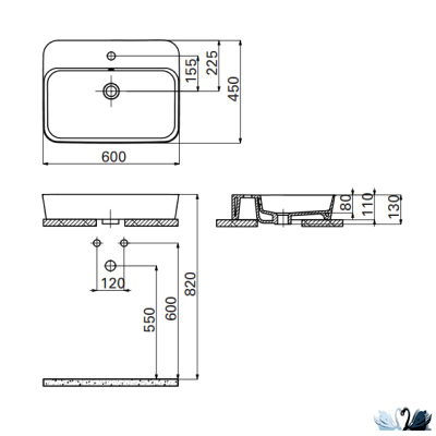 Раковина Creavit Loop LP061-00CB00E-0000 LP061, глянец белого цвета, прямоугольная 60 см с площадкой
