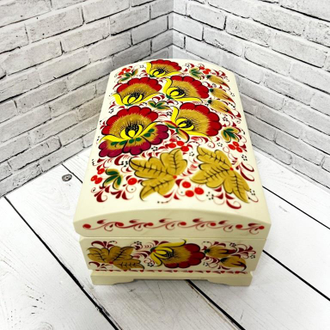 Шкатулка Цветы Белая 170*110 мм сундучок для украшений с росписью Хохлома