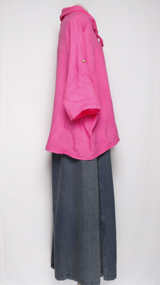 БЛУЗА ЛЁН КИМОНО "ХОМУТ КУЛИСКА"  фуксия до р.56