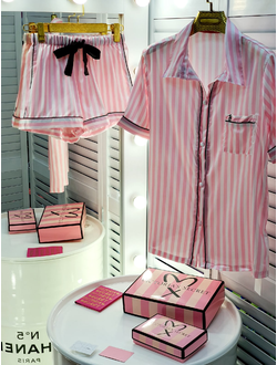 Домашняя одежда Рубашка и шорты  бело-розовая полоска 46