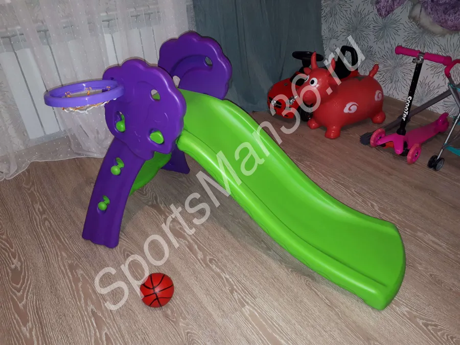 ДЕТСКАЯ ГОРКА "ДУБОК" PS-0291: пластиковая горка, лесенка, баскетбольное кольцо, мячик
