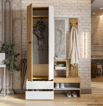 Абрау вешалка с зеркалом прихожая Дуб золотой/Белый