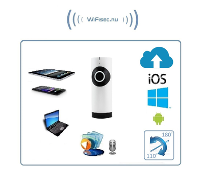 Видеоняня /WiFi IP видеокамера панорамная 180*110*  с DVR (fish_v2), HD (360EyeS)