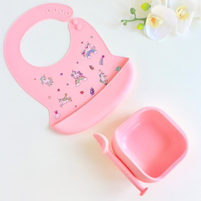 Нагрудник из пищевого силикона Единороги Розовый