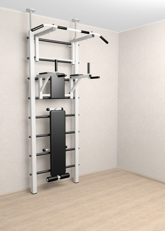 Спортивный комплекс враспор с турником, брусьями и скамьей для пресса  враспор (белая)