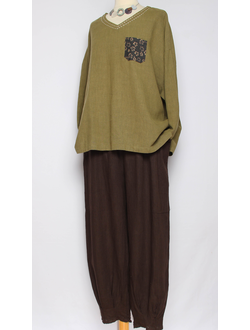 БРЮКИ  БОХО ЛЁН "БАНАНЫ" шоколад, джинс, хаки, бежевые, яблоко до р.56