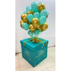 Коробка тиффани с золотой надписью и 40 мини шариков золото/тиффани (надпись с двух сторон)