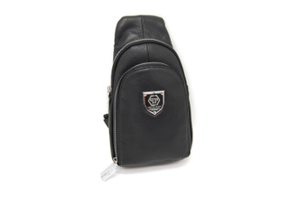 Сумка-рюкзак мужская нагрудная кожаная PHILIPP PLEIN, Цвет: Черный +ПОДАРОК