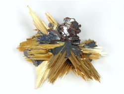 Редкость! Рутил свободного роста, сростки "звезды" золотистых игольчатых кристаллов на кристаллах гематита, Бразилия (22*18*6 мм, 1,25 г) №37913