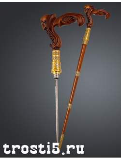 Дубовая резная трость с классической рукоятью с черепом и инкрустацией по шафту