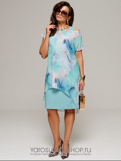 Женское льняное платье бирюзового цвета с шифоновой накидкой