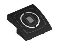 Slope, Curved 2 x 2 x 2/3 Inverted with Thin Dark Bluish Gray Rounded Square, White Split Circle, and Silver Headlight Pattern, Black (32803pb012 6530696)