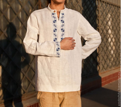 Русская льняная рубаха "Звёзды Рода (сине-голубые)", 44-60