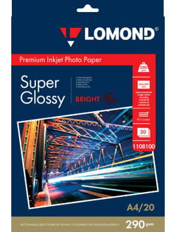Суперглянцевая ярко-белая (Super Glossy Bright) микропористая фотобумага Lomond для струйной печати, A4, 290 г/м2, 20 листов.